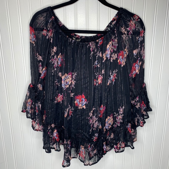 Lucky Brand Sheer Off-Shoulder Floral Peasant Top - Picture 3 of 8